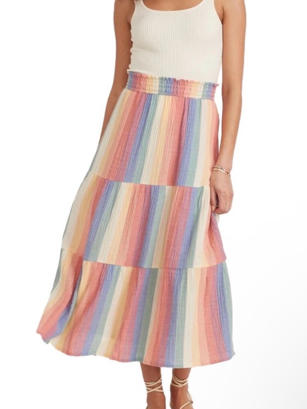 Marine Layer Corinne Pastel Rainbow Tiered Cotton Gauze Maxi Skirt - Picture 2 of 8